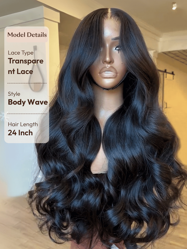 The UNice 13x4 HD Lace Bye Bye Slip Body Wave Wig - Human Hair Glueless Pull & Go Fit image highlights Model Details, LaceType, Transpare, nt Lace, a wig with long hair.