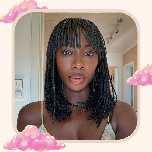 Shoulder-length bob box braids with full straight bangs