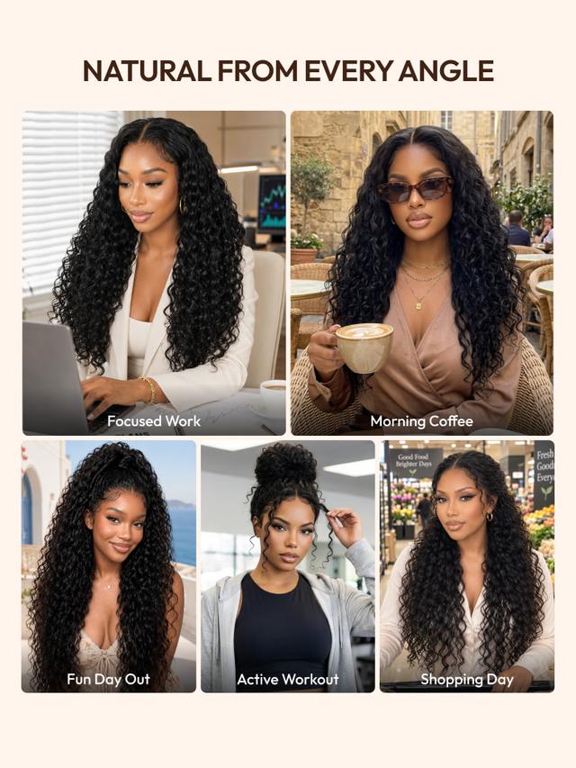 A model displays the UNice 7x5 Bye Bye Slip Glueless Water Wave Drawstring Wig With Baby Hair, showing a model with long curly hair and a white shirt and water wave.