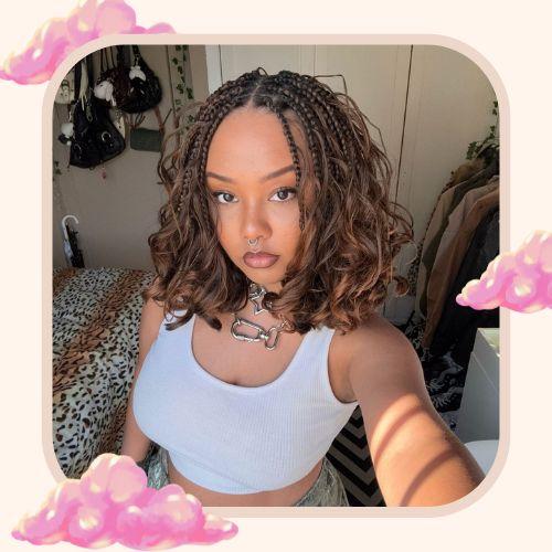 Boho bob box braids with wavy curly tendrils and volume
