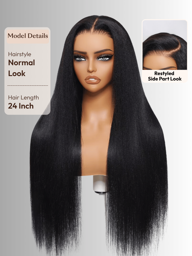 The UNice 7x5 Bye Bye Slip Yaki Straight Black Glueless Wig With Invisible Drawstring image highlights Model Details, Lace Area, Restyled, SidePartLook, full lace wigs.