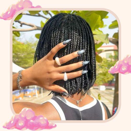Back view of neat small bob box braids with clean scalp parting