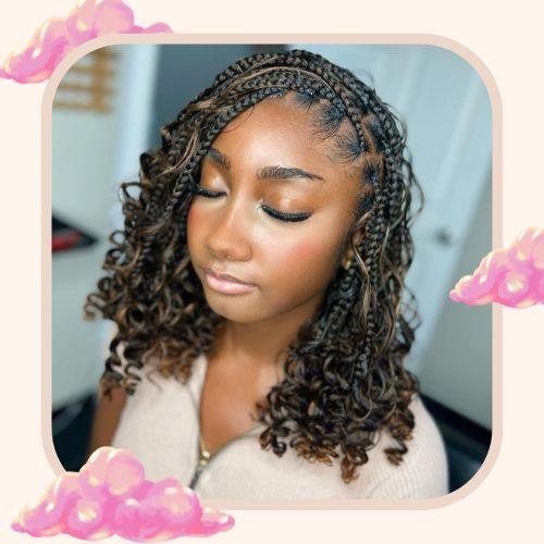 Short curly bob box braids with subtle honey blonde highlights