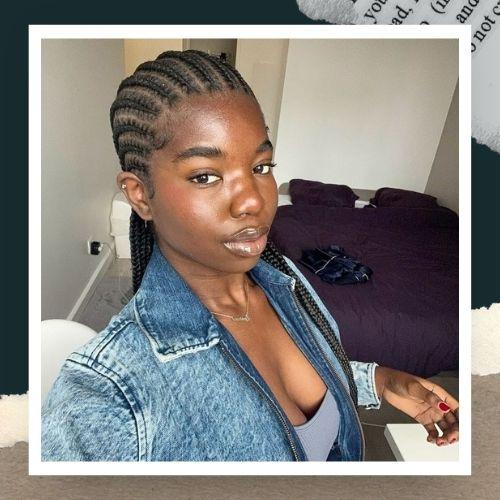 A woman in a denim jacket with seamless feed-in cornrows braided straight back.