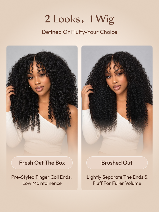 A comparison chart shows traditional salon curls on the left with drawbacks listed, and defined, shiny curly hair wig on the right with benefits such as home results, no cost, quick styling, and scalp protection.