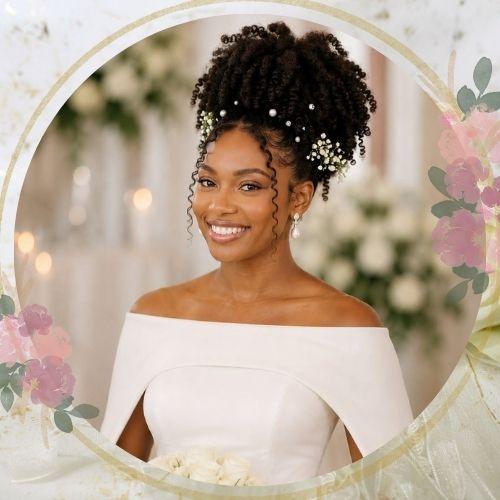 Voluminous natural high puff wedding hairstyle for black hair decorated with pearl beads