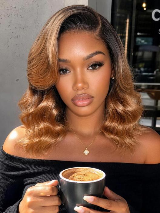UNice Rooted Honey Brown 90s Blowout Bob Bye-Bye Slip⢠7x5 Lace Glueless Human Hair Wig