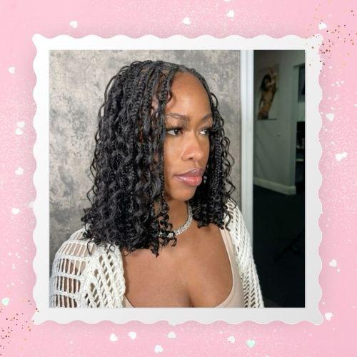 A woman featuring textured water wave curls boho bob braids.