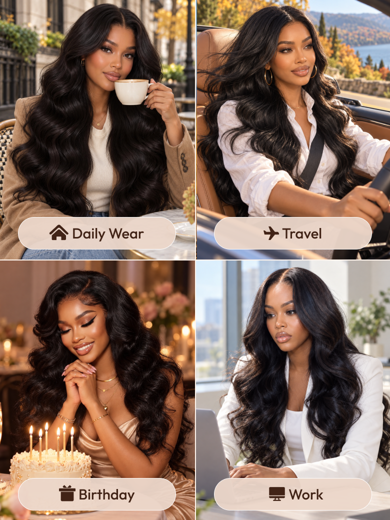 A model displays the UNice 13x4 HD Lace Bye Bye Slip Body Wave Wig - Human Hair Glueless Pull & Go Fit, showing a col of a woman in a wedding dress and body wave.