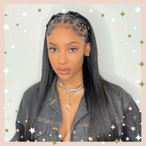 Half criss-cross braids half sew-in with sleek bone straight hair extensions