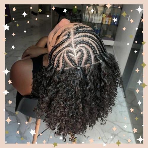 Half heart-shaped cornrows half sew-in featuring a voluminous curly weave top view