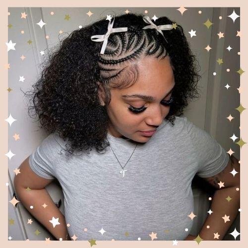 Half cornrows half sew-in protective hairstyle with defined bouncy curly weave