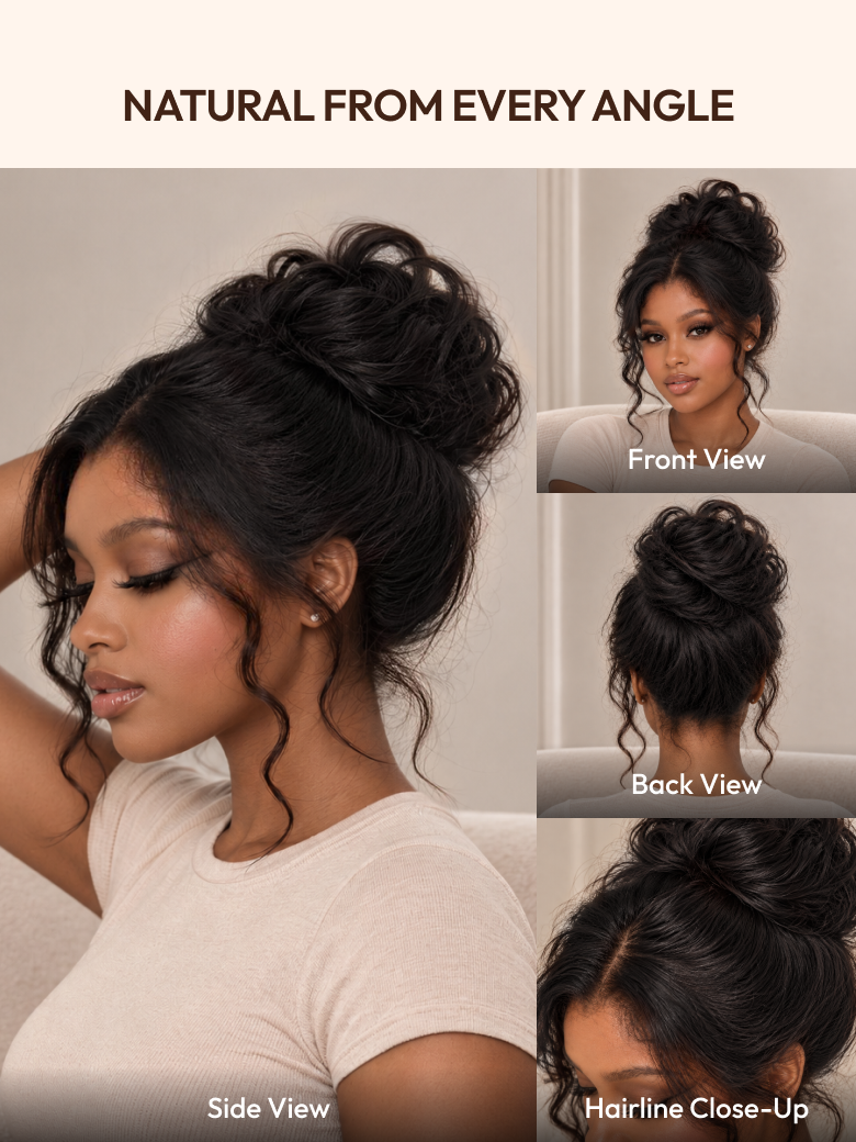 A model displays the UNice 13x4 HD Lace Bye Bye Slip Body Wave Wig - Human Hair Glueless Pull & Go Fit, showing a model with a messy bun with a bun bun bun bun bun bun.