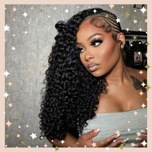 Half side-part cornrows half sew-in hairstyle with long deep wave weave