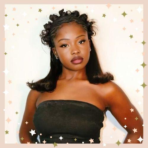 Half braids with bantu knots and flipped-end hair sew-in extensions