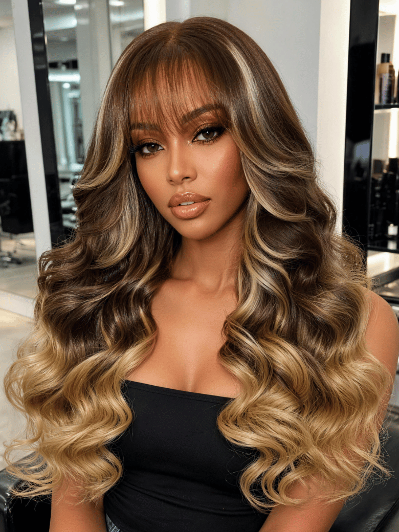 UNice Loose Wave with Bangs Blonde Ombre Highlights Bye-Bye Slip™ 7x5 Lace Glueless Wig