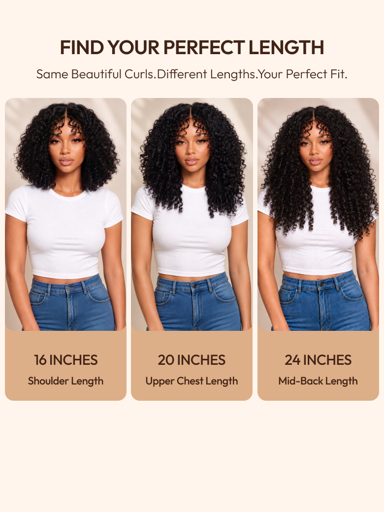 A length comparison guide for black kinky curly wigs on a mannequin, showing the difference between a 20-inch and 24-inch length with finger coil ends.
