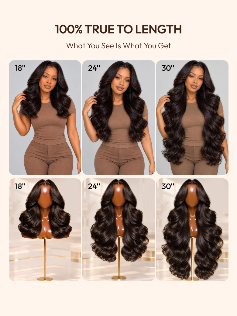 The UNice 13x4 HD Lace Bye Bye Slip Body Wave Wig - Human Hair Glueless Pull & Go Fit image highlights Find Your Perfect Length, TopOfChest, BottomOfChest, Waist ToHip.