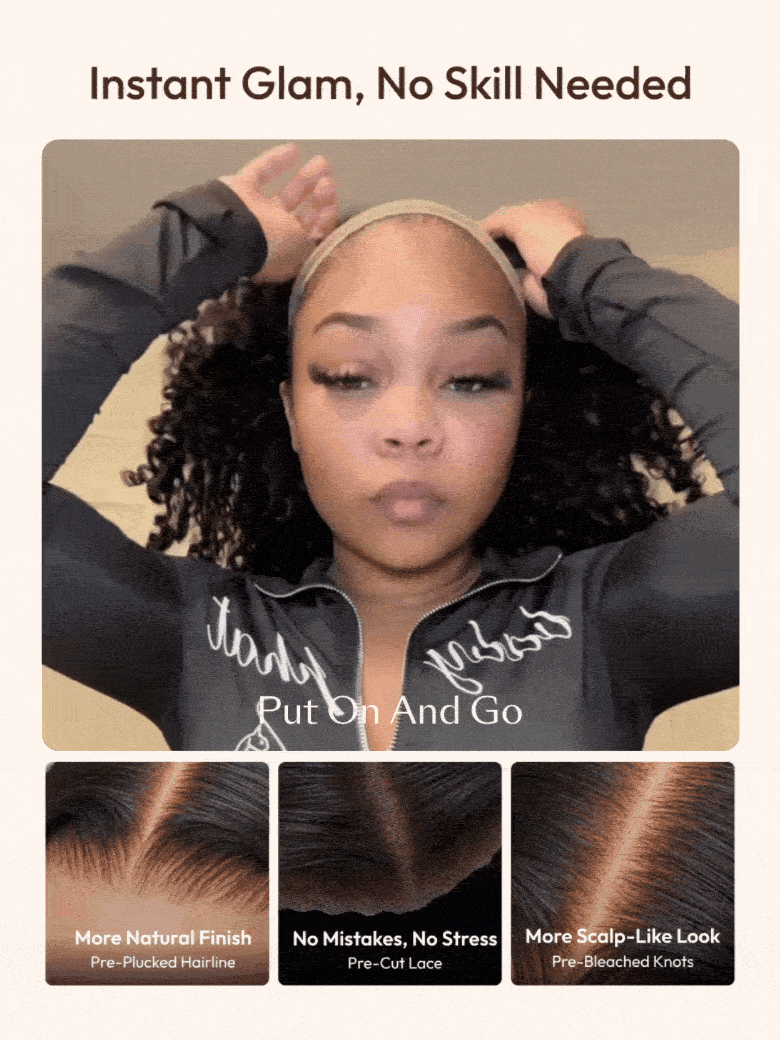 Infographic for a beginner-friendly curly black wig highlighting the pre-plucked hairline, pre-cut lace, and pre-bleached knots for a realistic, scalp-like appearance without professional styling.