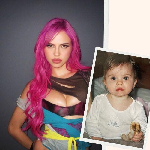 Adela Jergova with hot pink wavy hair next to childhood picture