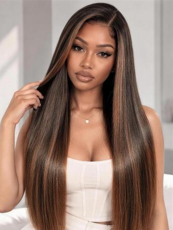 UNice 7x5 Bye Bye Slip Lace Black to Chestnut Brown Ombre Yaki Straight Wig With Invisi Drawstring