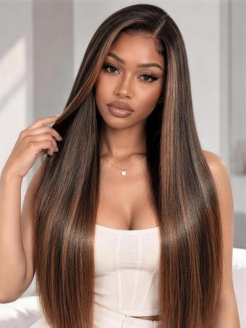 UNice 7x5 Bye Bye Slip Lace Black to Chestnut Brown Ombre Yaki Straight Wig With Invisi Drawstring