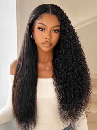 UNice 2-in-1 Straight to Curly InvisiBlend™ V Part Human Hair Wig for Natural Blend