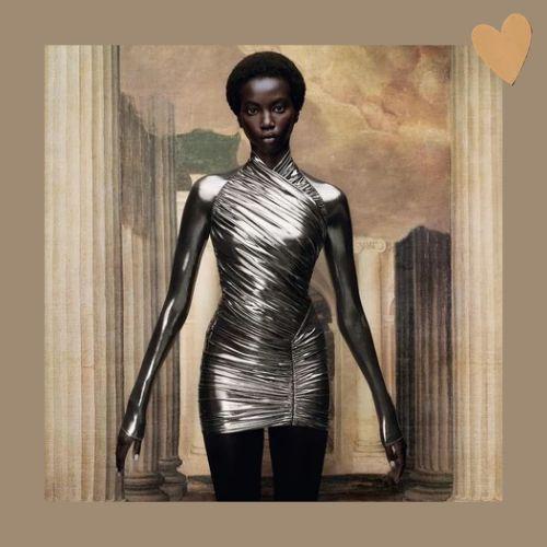 Anok Yai featuring an afro hairstyle in a metallic silver dress