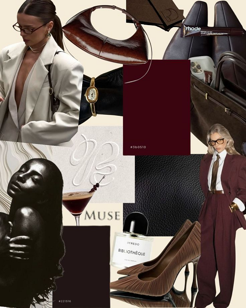 A chic fashion mood board featuring dark cherry red and brown tones with suits, leather bags, pumps, and Byredo perfume.