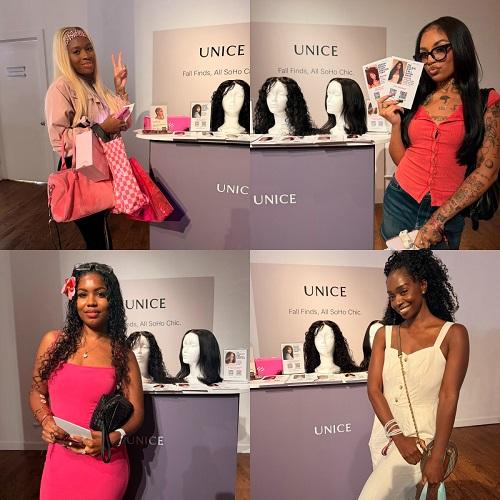 A four-photo collage of attendees posing and smiling at the UNice Soho Chic event booth