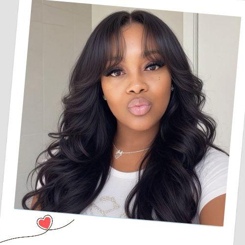 Body wave weave hairstyles with trendy curtain bangs