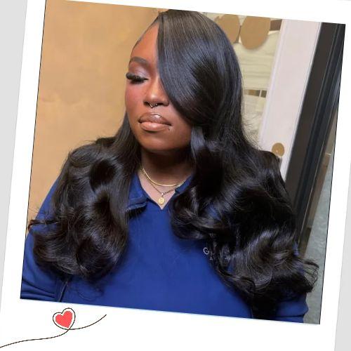 Long body wave sew-in weave hairstyles with side-swept bangs