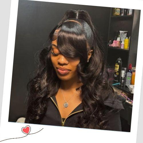 Half-up half-down wavy weave hairstyles with front bangs