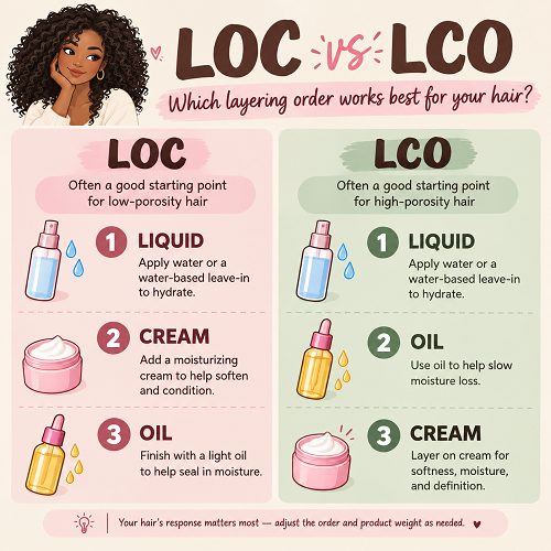 An infographic comparing LOC vs LCO hair care methods for low-porosity and high-porosity hair