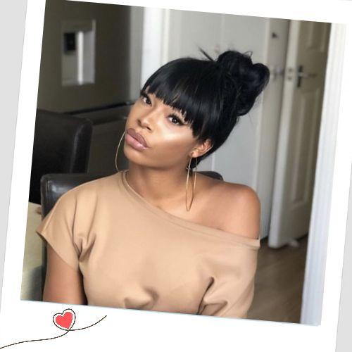 Top-knot bun quick weave hairstyles with blunt bangs and face-framing layers
