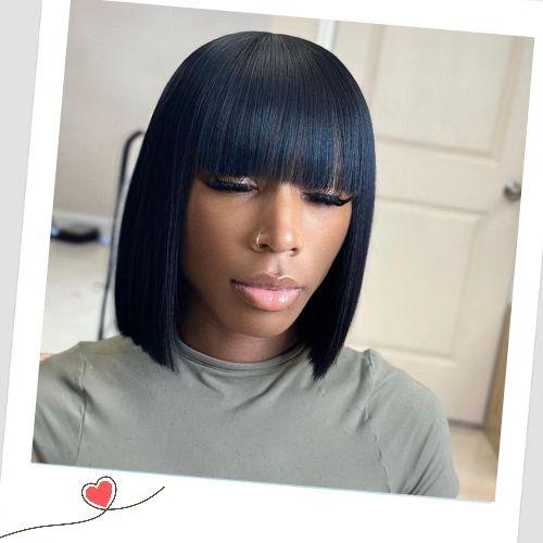 Blunt-cut bob weave hairstyles with full bangs and sleek straight hair