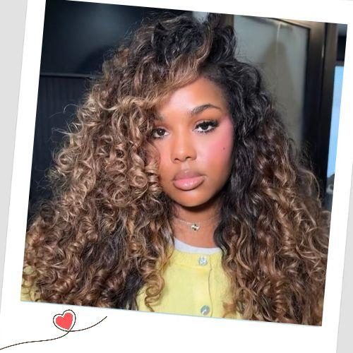 Caramel highlight water wave weave hairstyles with side bangs