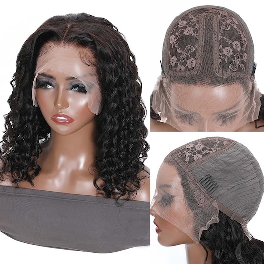 14 Inch 13x5x0.5 Lace Part Wig Water Wave Short Black Human Hair Bob Wig T Part Lace