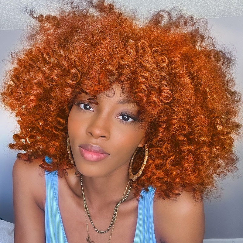 UNice Affordable Human Hair Ginger Orange Curly Afro Wig Wig with Bangs