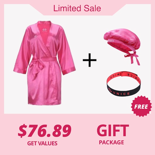 UNice Special Gift Values $76.89: Adjustable Satin Pink Night Cap and Silk Pink Robe and Elastic Band
