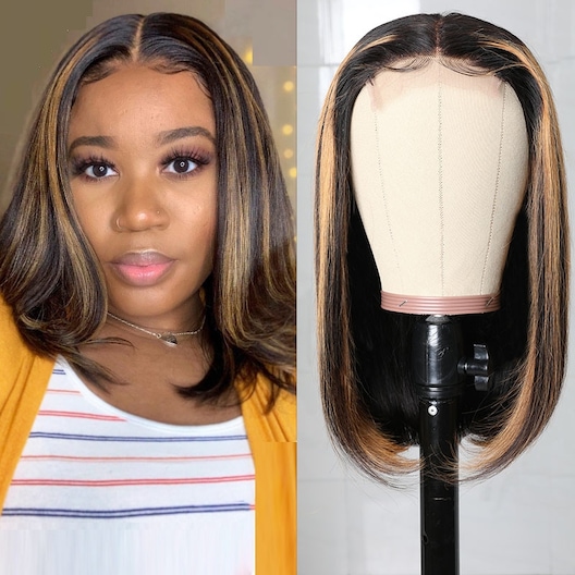 $100 Flash Sale 14" Brown Shade Mix Color Lace Part Lob Virgin Human Hair Wig